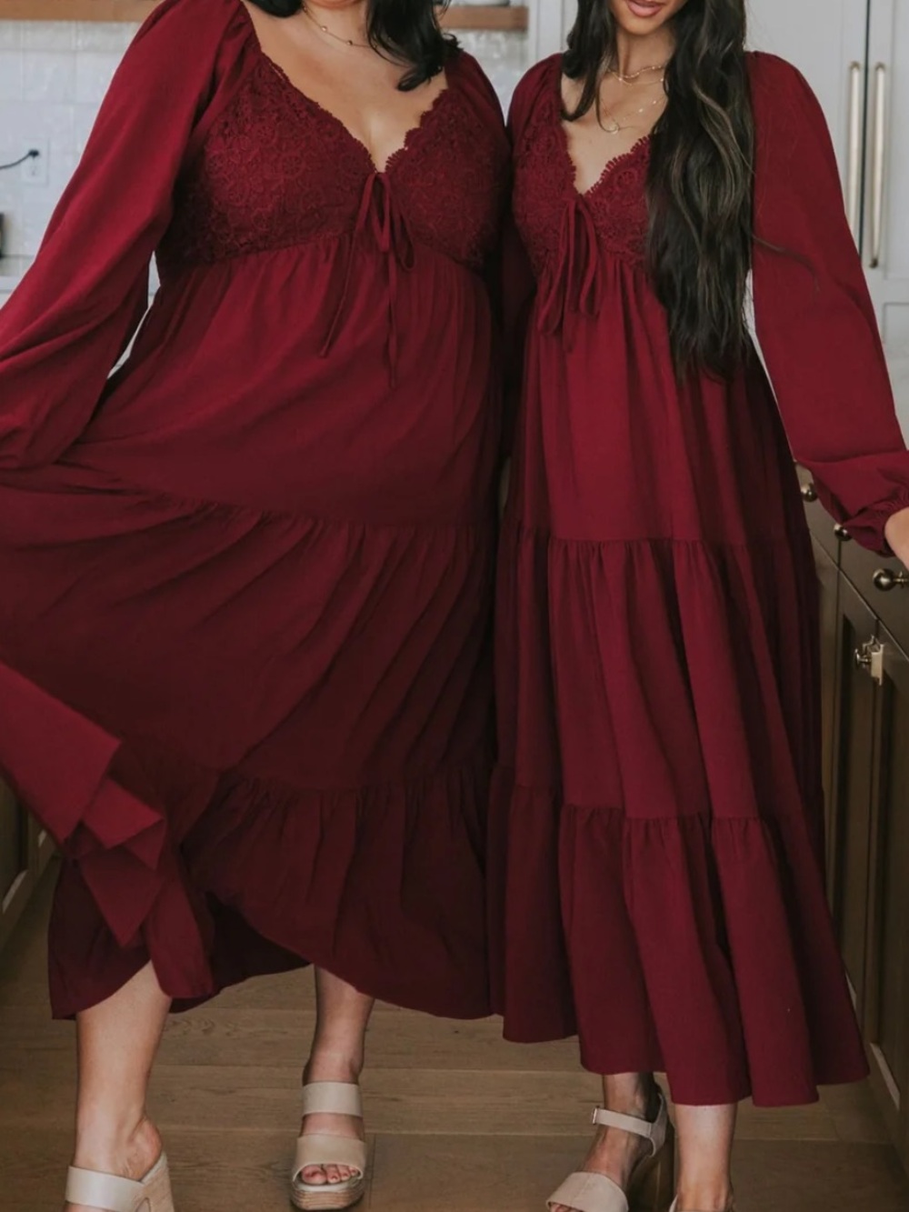 Women's Maxi Dress with Lace Bodice - Burgundy
